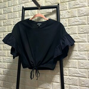 Express Black Drawstring Top w/Ruffle Sleeves